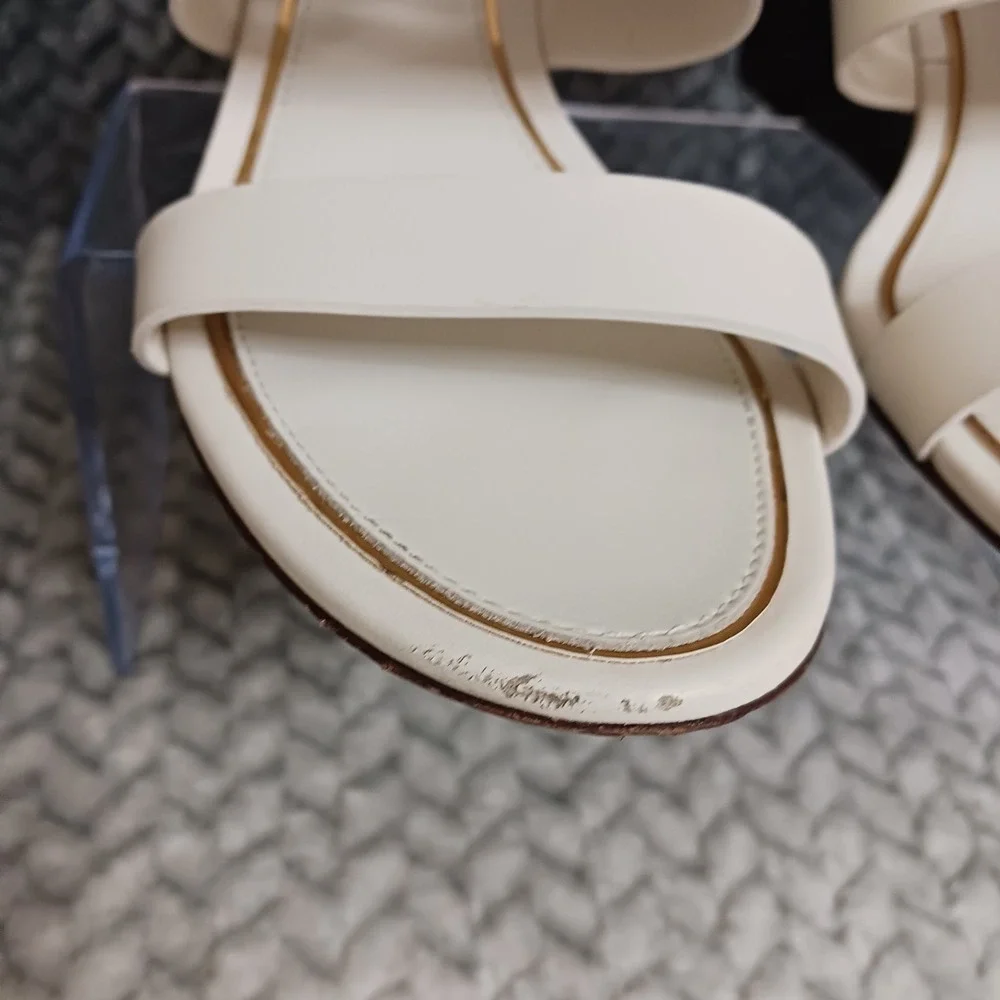 Tory Burch Cream Leather Wedge Sandals with Gold Logo - Picture 8 of 16